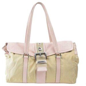 Prada Color Block Pink and Beige Suede Canvas and Leather Satchel